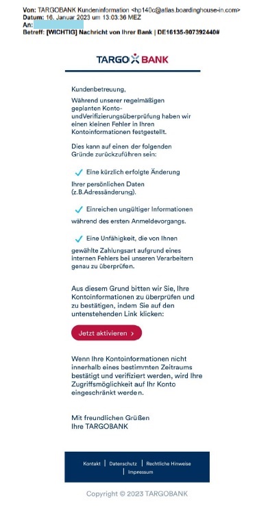 Screenshot der Phising-E-Mail