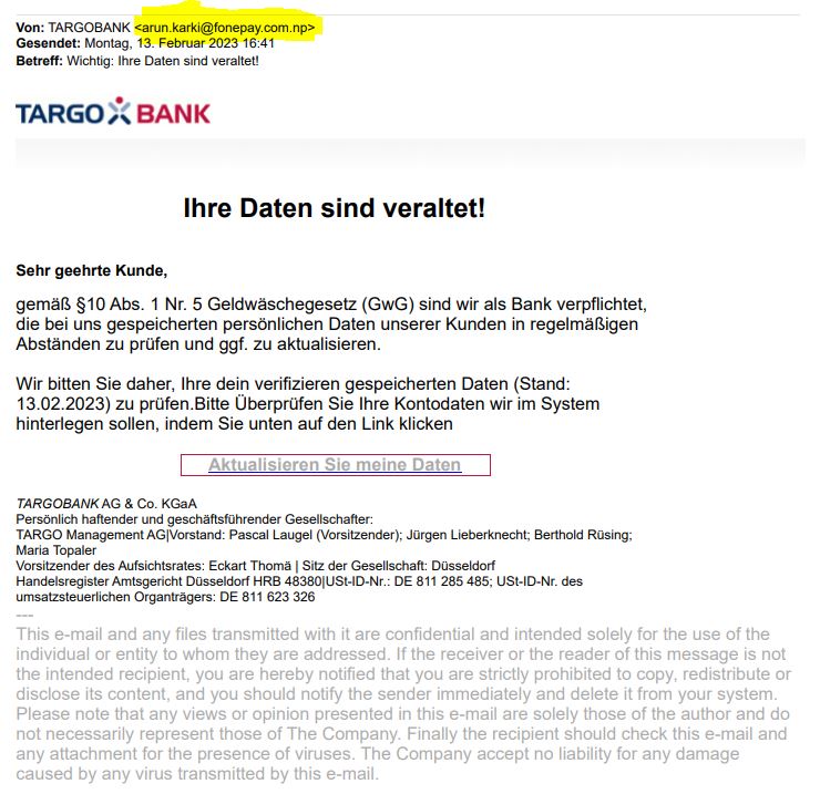 Screenshot der Phising-E-Mail