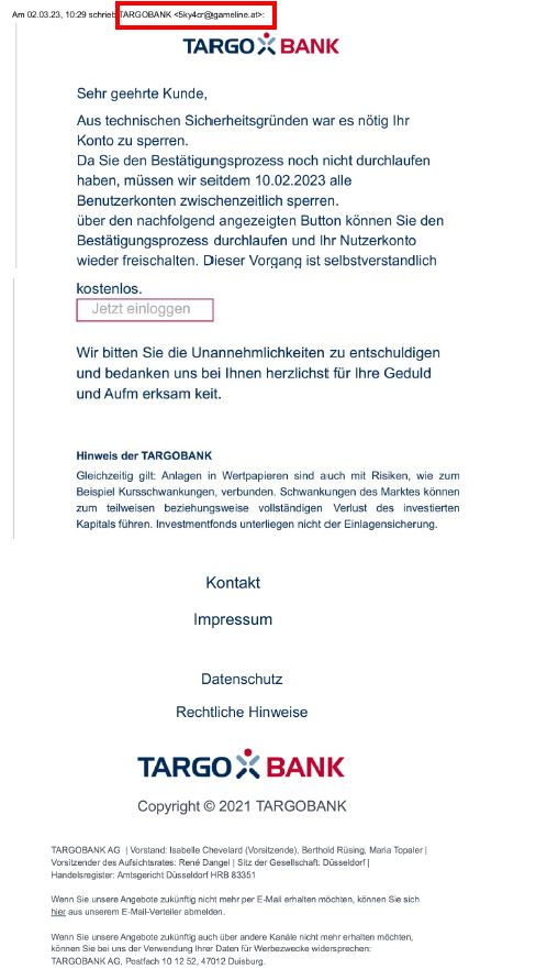 Screenshot der Phising-E-Mail