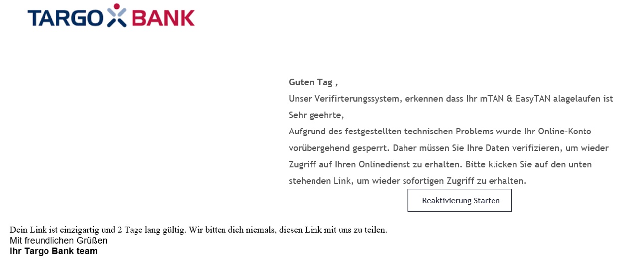 Screenshot der Phising-E-Mail