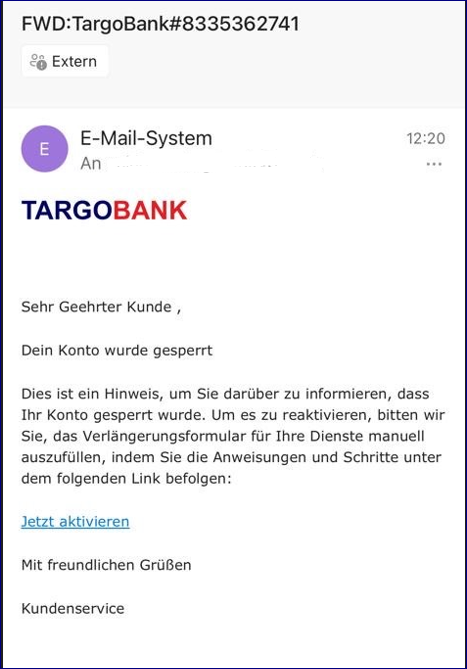 Screenshot der Phising-E-Mail