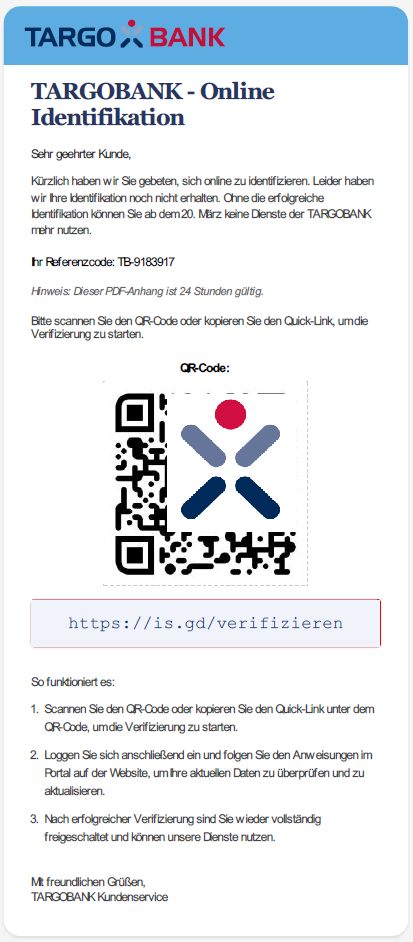 Betrügerische Email, die dazu auffordert einen Link anzuklicken, damit die TARGOBANK-App Registrierung nicht abläuft