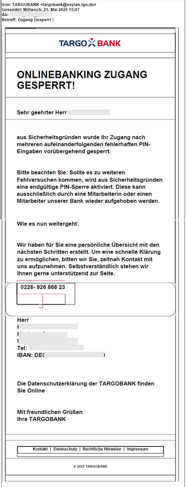 Betrügerische Email, die dazu auffordert einen Link anzuklicken, damit die TARGOBANK-App Registrierung nicht abläuft