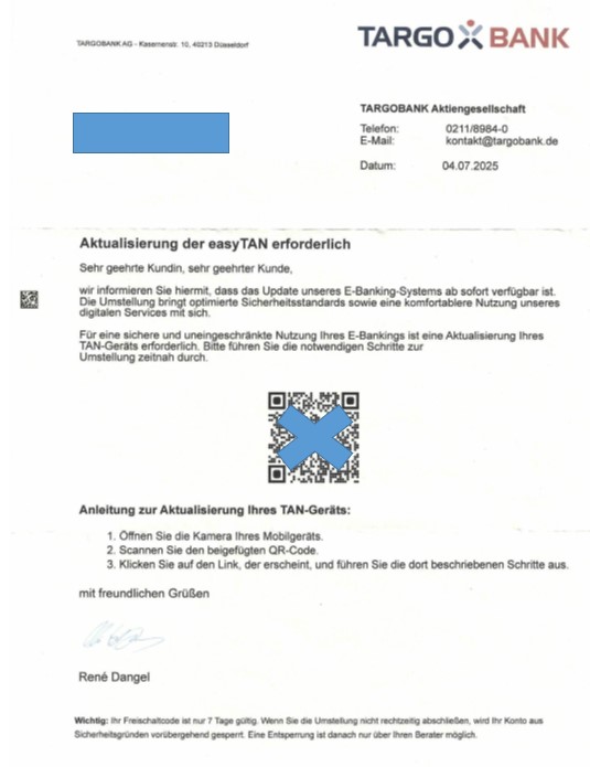 Betrügerische Email, die dazu auffordert einen Link anzuklicken, um die easyTAN zu aktualisieren