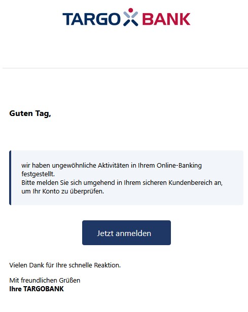 Betrügerische Email, die dazu auffordert einen Link anzuklicken.