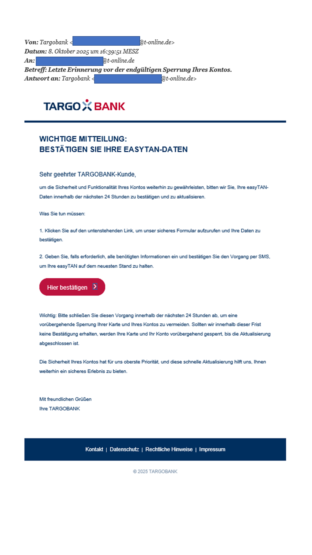 Betrügerische Email, die dazu auffordert einen Link anzuklicken.